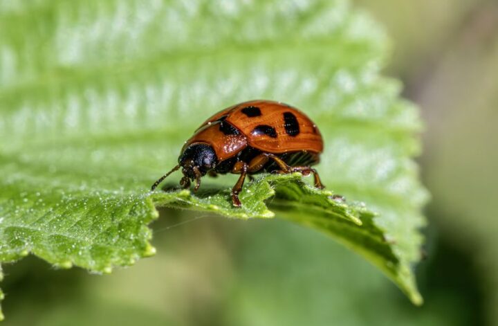 Een tuinier die een plantenbak inspecteert op mieren en andere plagen, met groene planten op de achtergrond.